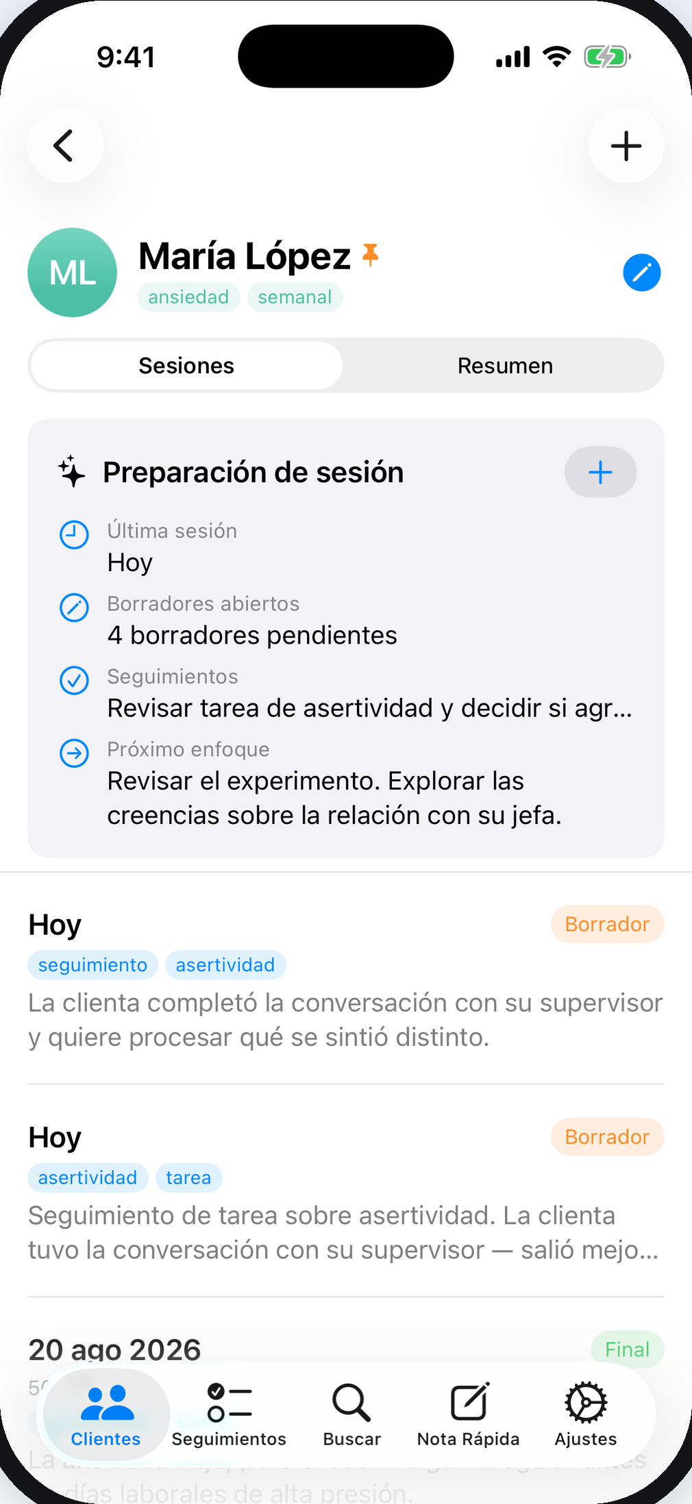 Preparación de sesión con notas recientes y próximo foco