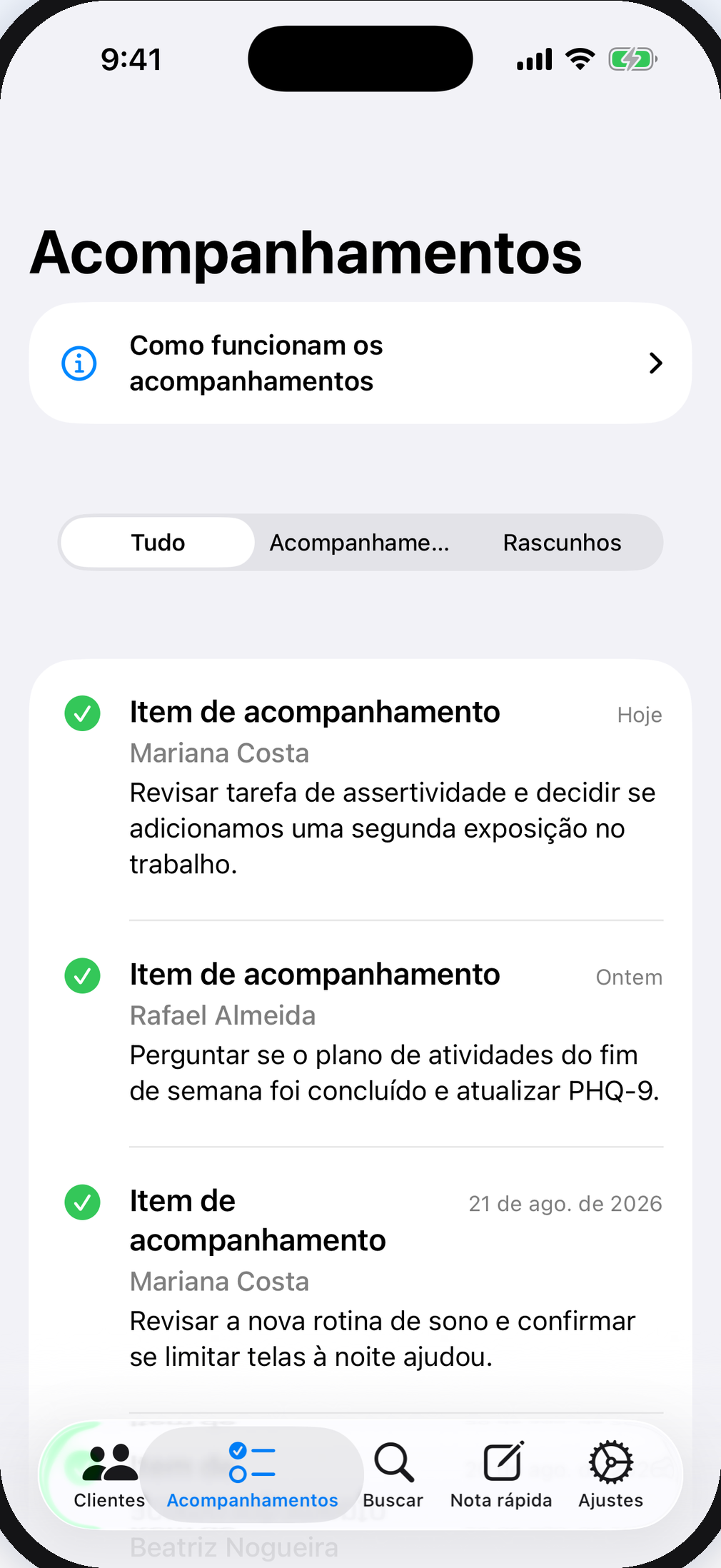 Painel de acompanhamentos do AfterSession
