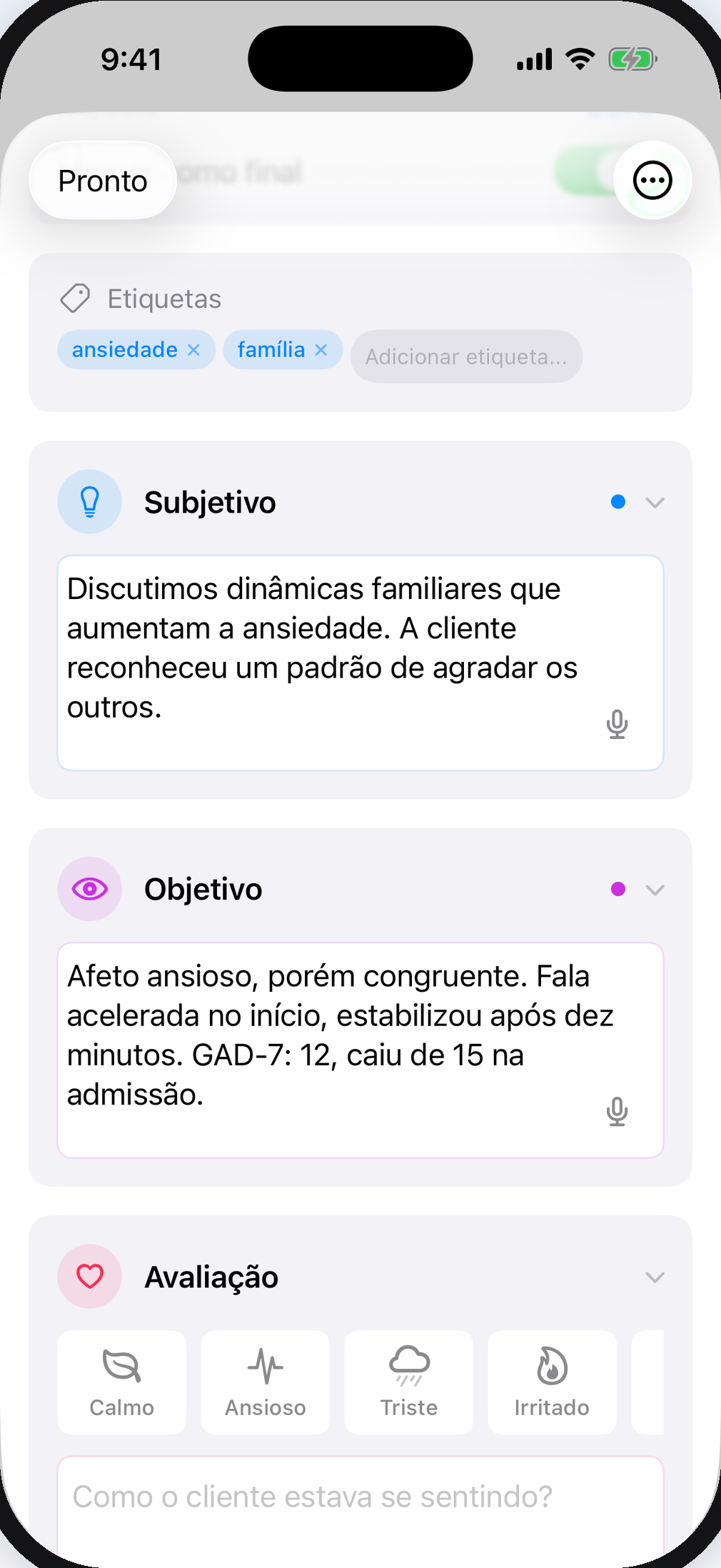 Nota SOAP no AfterSession com seções clínicas